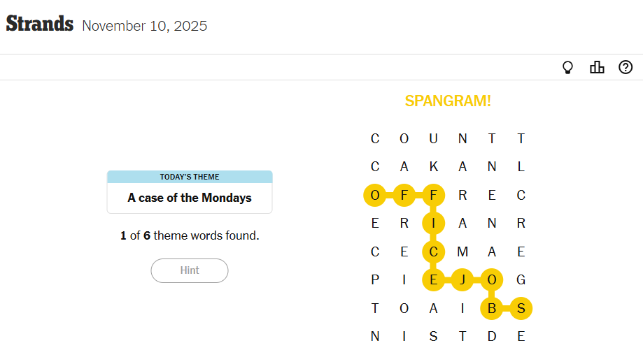 Today’s NYT Strands Spangram Answer For November 10, 2025